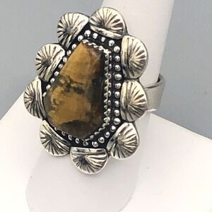 Navajo Handmade Tiger's Eye Sterling Silver Ring Size 8 Adjustable Concho Sun